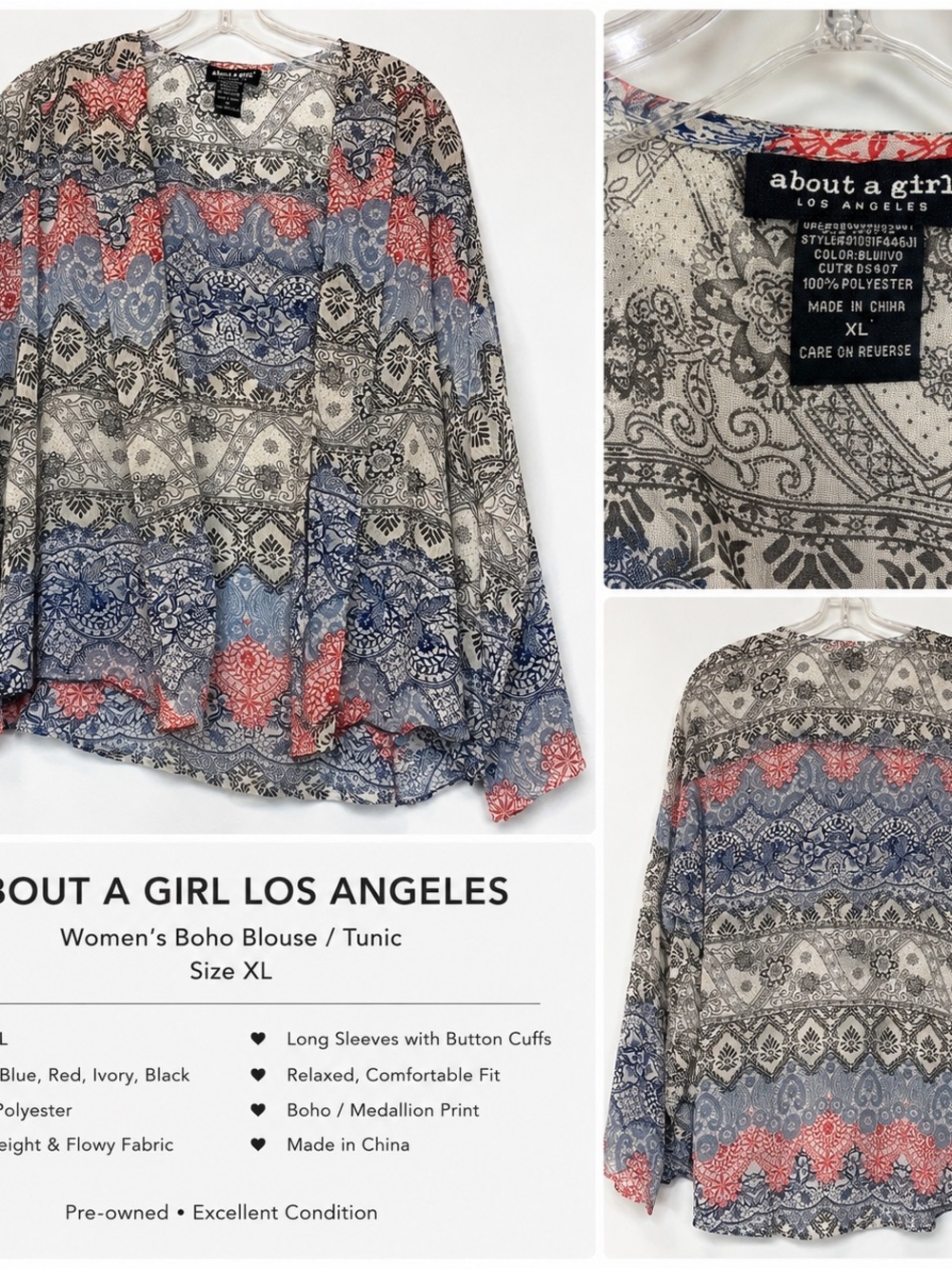 About A Girl Boho Medallion Tunic Blouse — Blue, Red, Ivory, Black